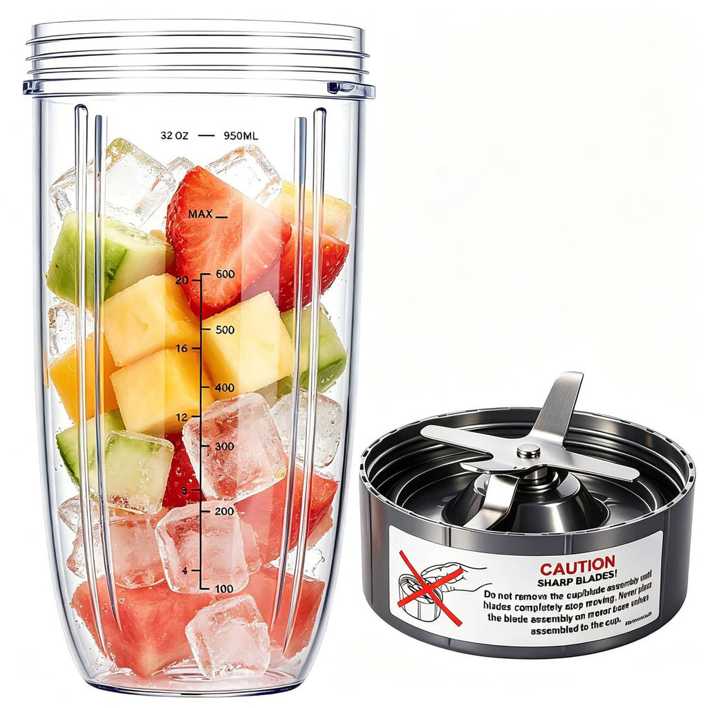 NutriBullet 32 oz blender cup with blade assembly and caution label
