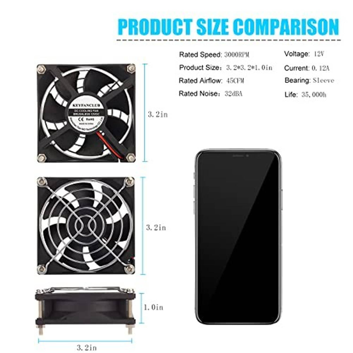 Size comparison for 80mm square DC 12V 2-pin brushless replacement fan