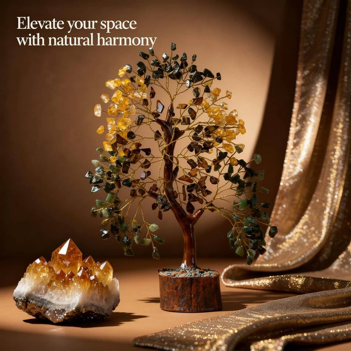 Wire crystal money tree with amber and green stones, wood base on tabletop