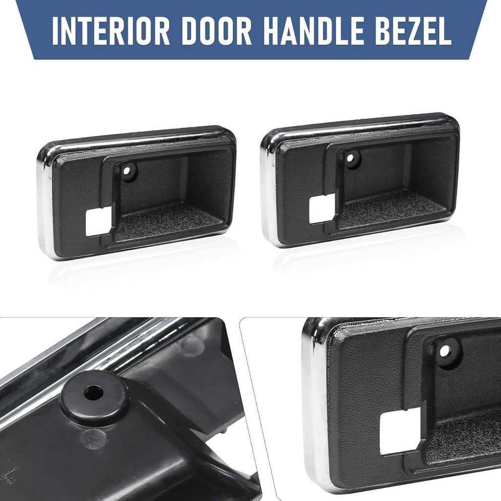 Interior door handle bezel cup set, two black bezel cups with white insert and chrome trim