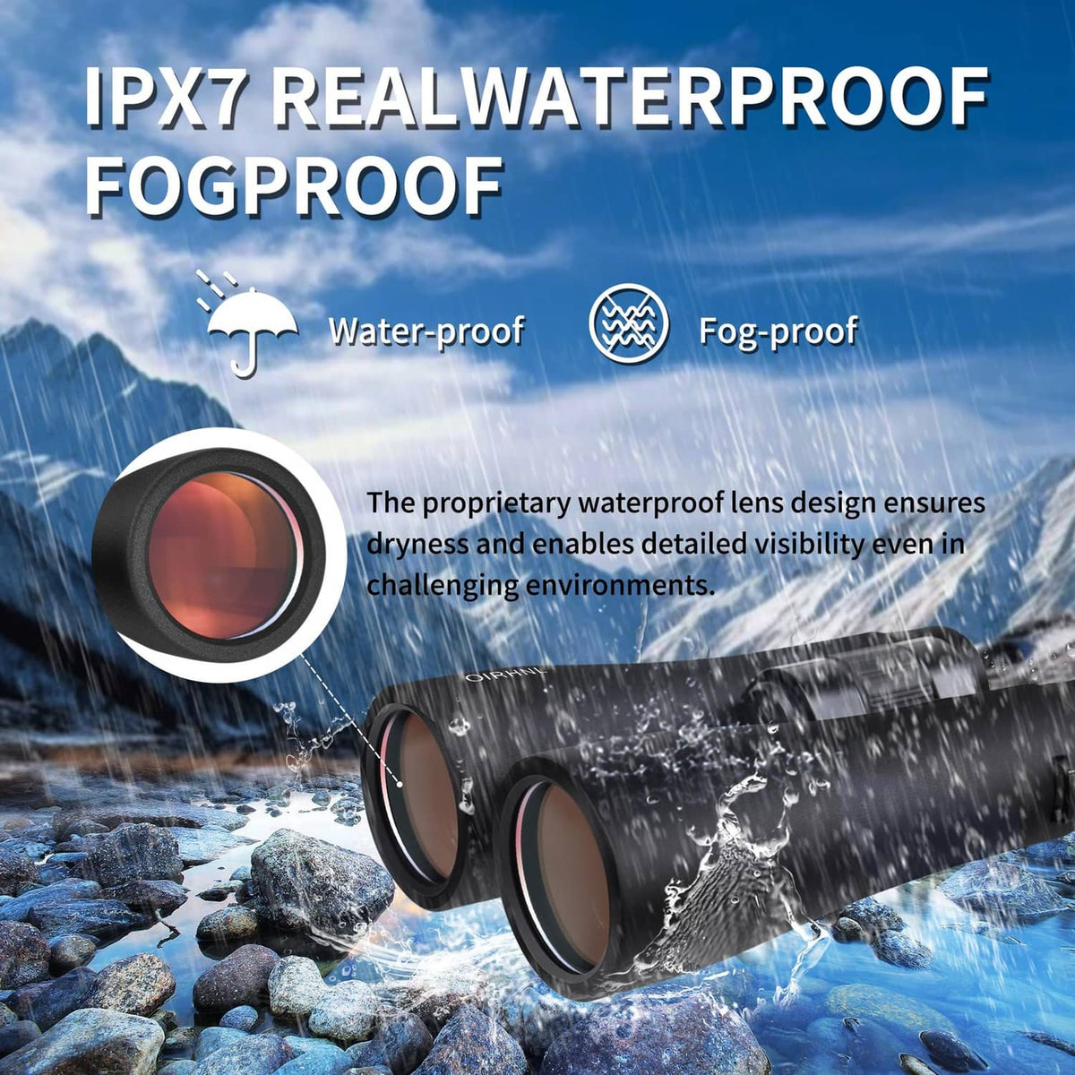Black binoculars with waterproof, fogproof lenses and raindrop-protected design