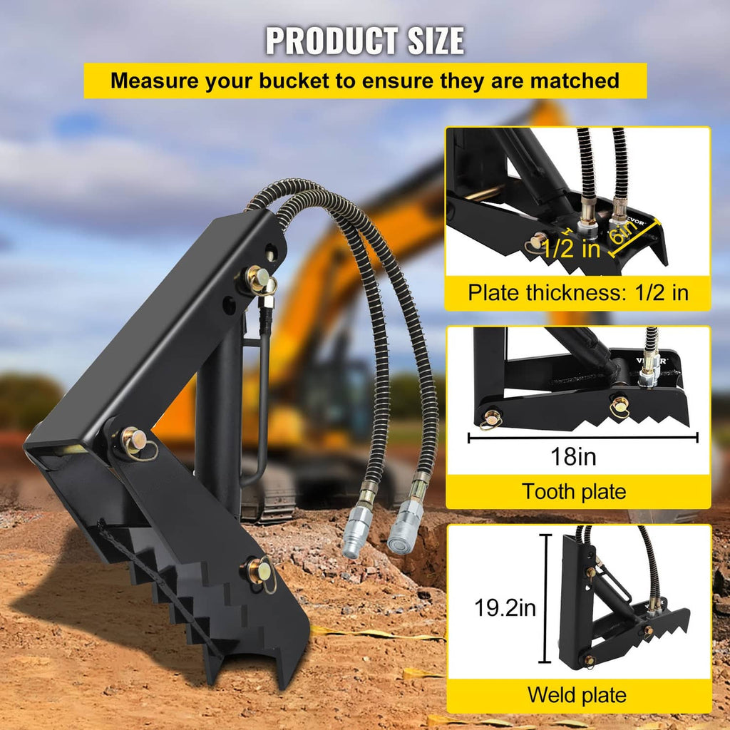 Black backhoe thumb claw with hydraulic hoses and toothed plate
