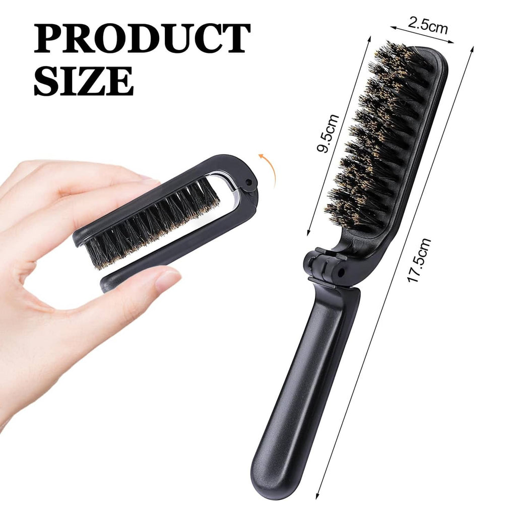 Black mini folding boar bristle hair brush with compact folded profile