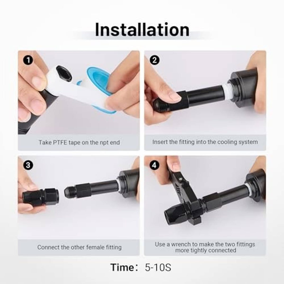 Swivel fitting installation steps showing hands, connector parts, and threaded ends