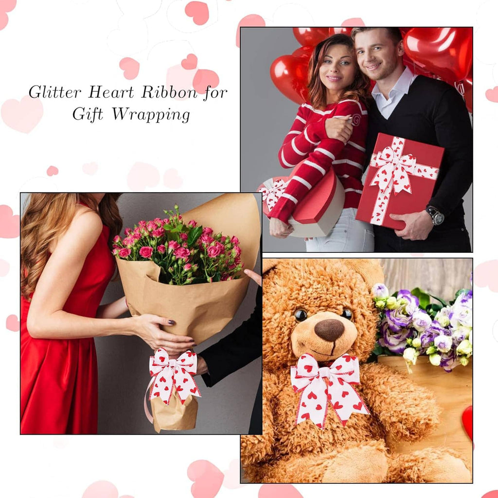 Red heart ribbon in gift wrapping scenes with bows on gifts and bouquet