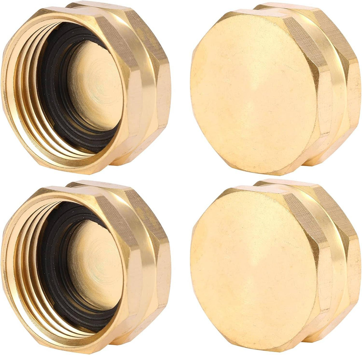 Four brass hex garden hose end caps with female threads and black rubber seal