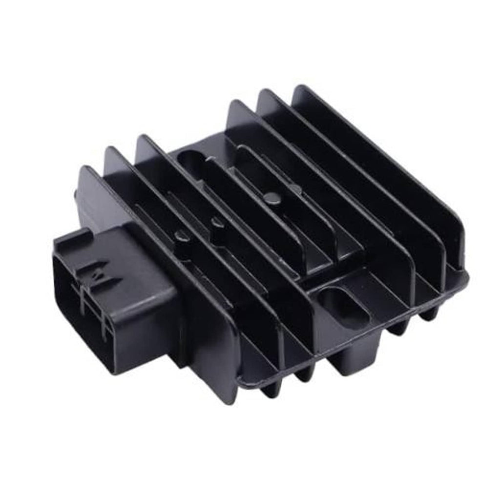 Black voltage regulator rectifier heatsink with mounting tab and electrical connector