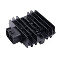 Black voltage regulator rectifier heatsink with mounting tab and electrical connector