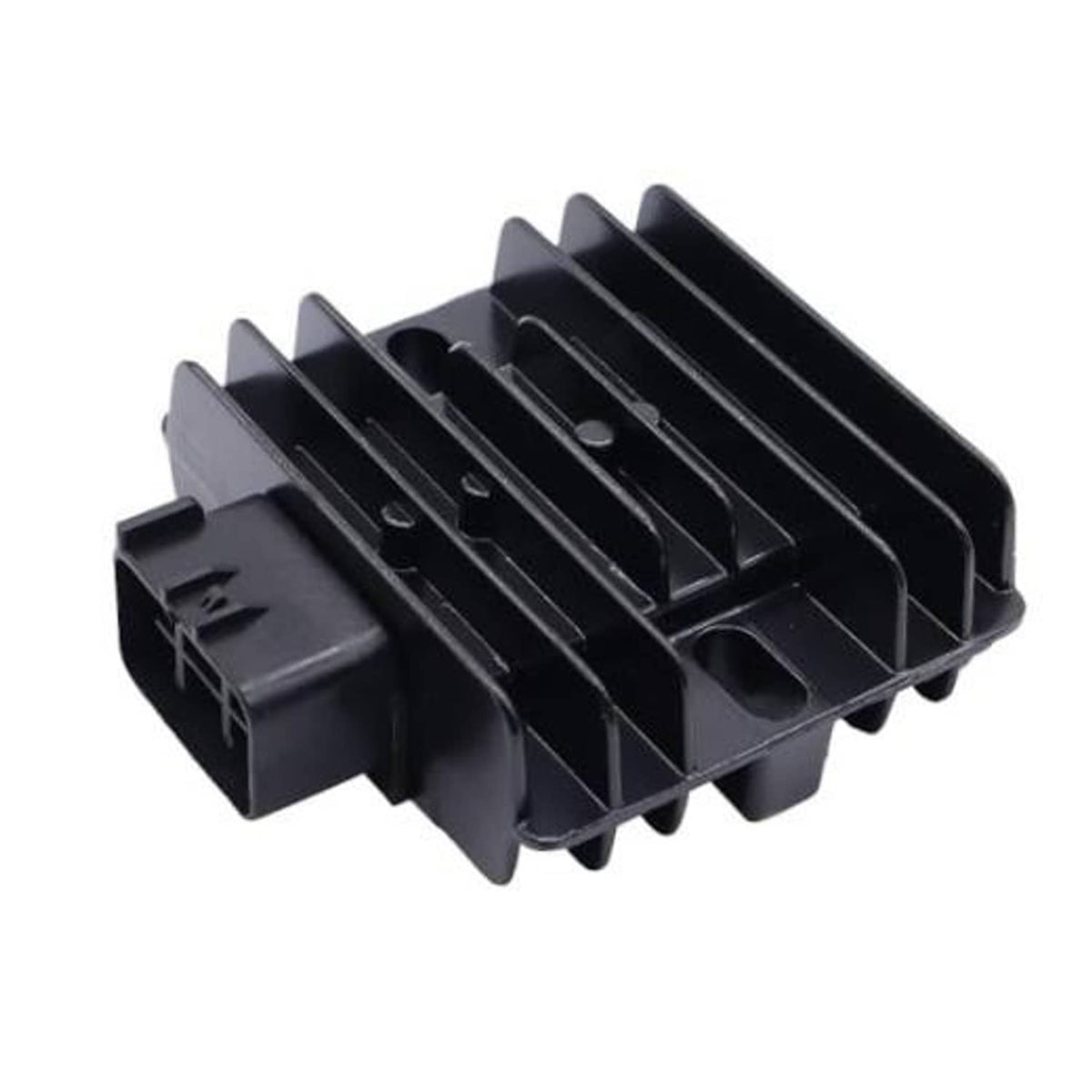 Black voltage regulator rectifier heatsink with mounting tab and electrical connector
