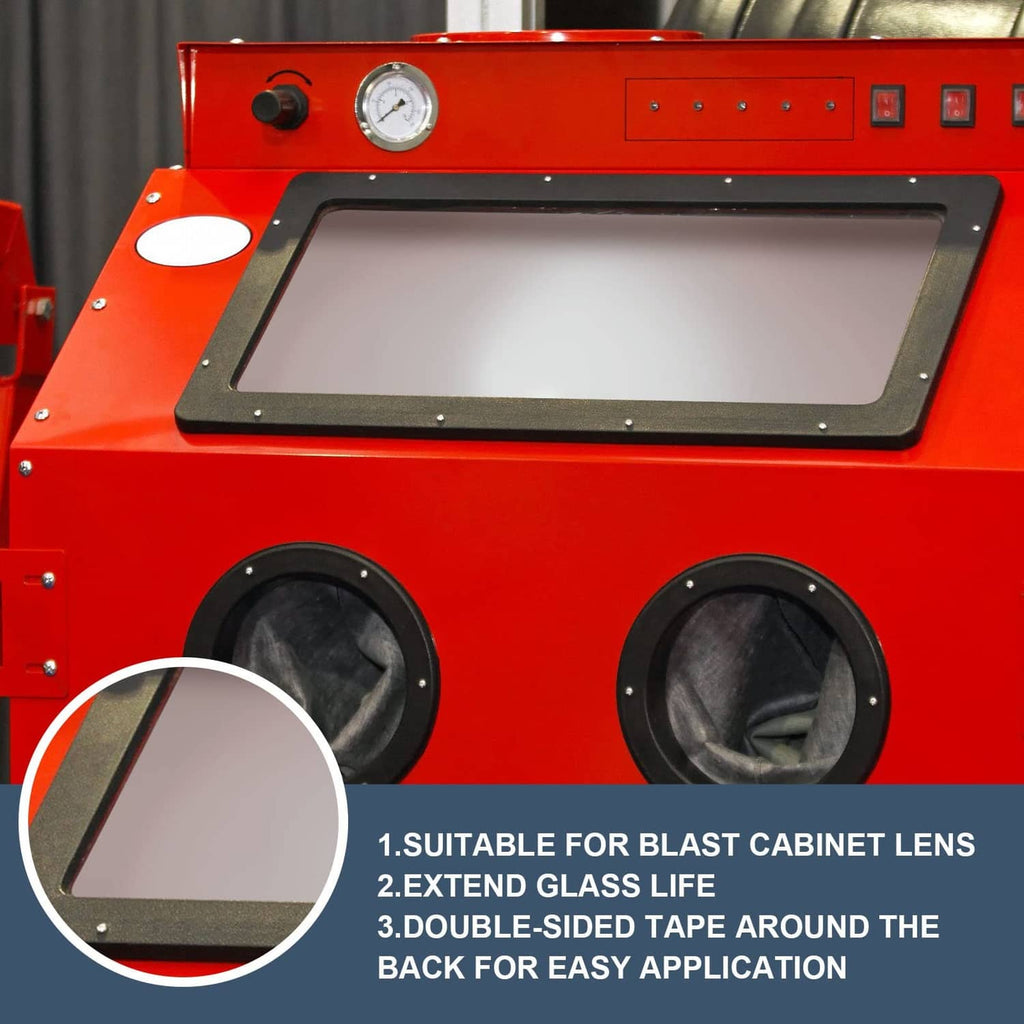 Blast cabinet front lens opening with rectangular lens protector in place, black trim