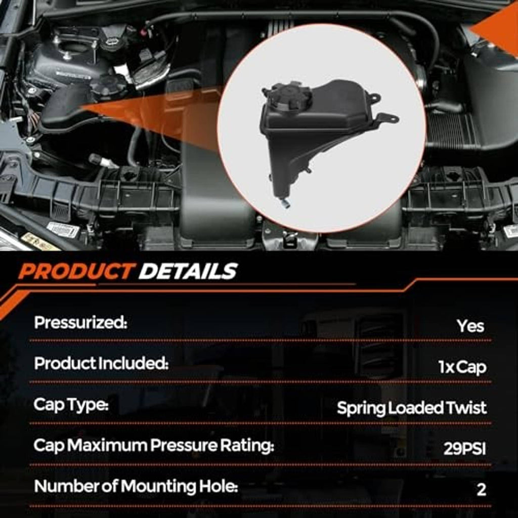 Engine bay diagram with coolant reservoir tank, cap, and sensor outline