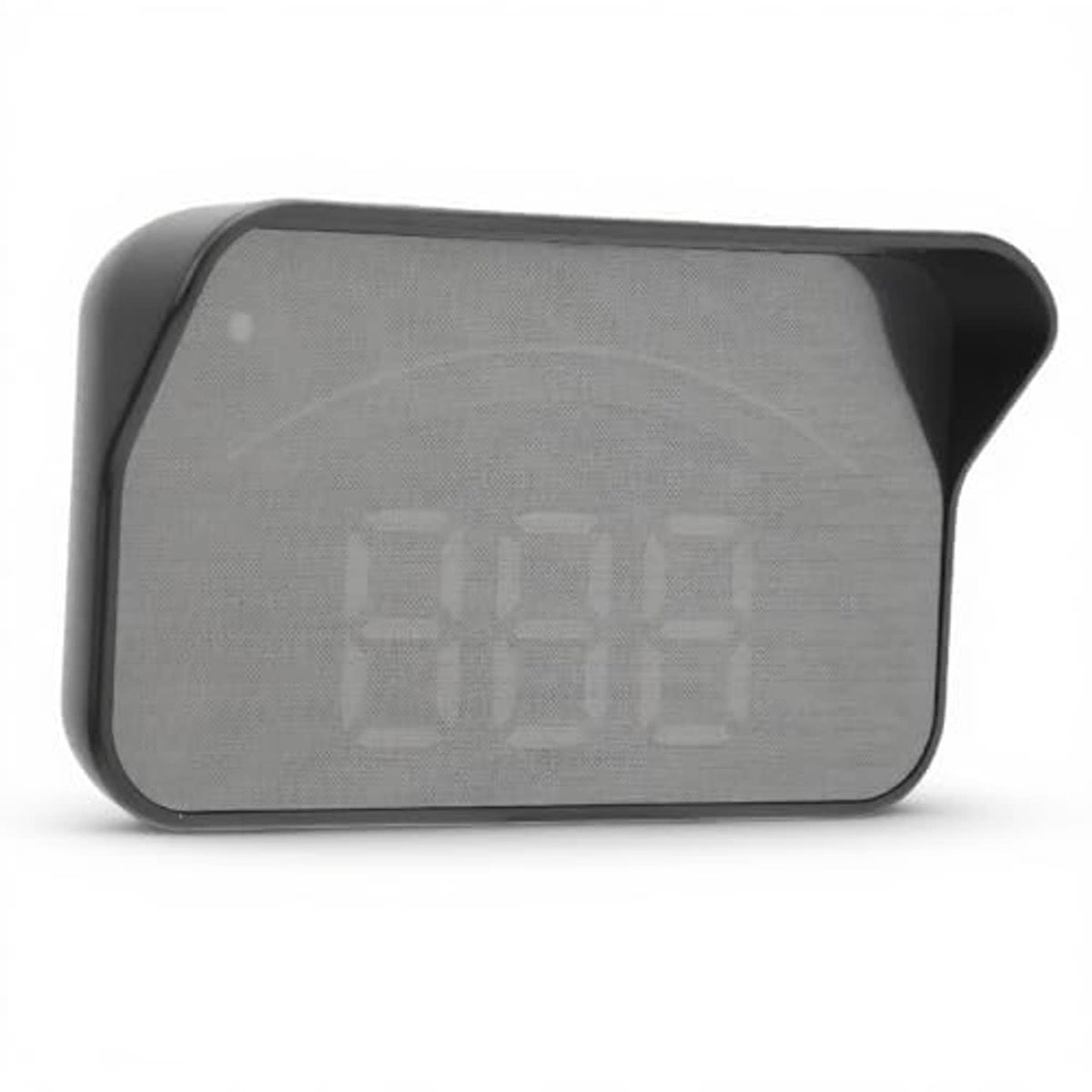 Black car HUD projector with large gray lens window and right-side hood overhang