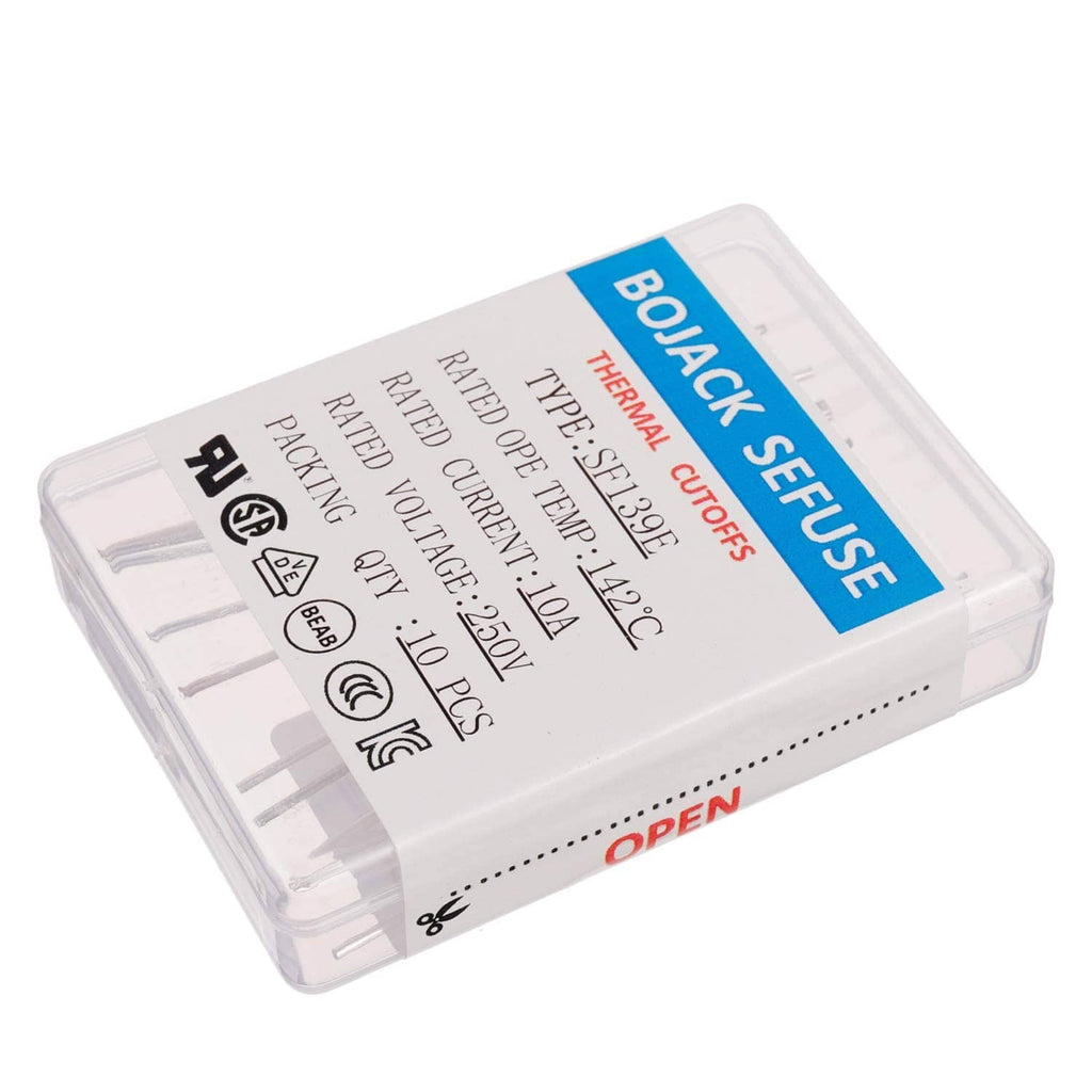 Thermal fuse box underside with specifications, packing qty 10 pcs, safety icons