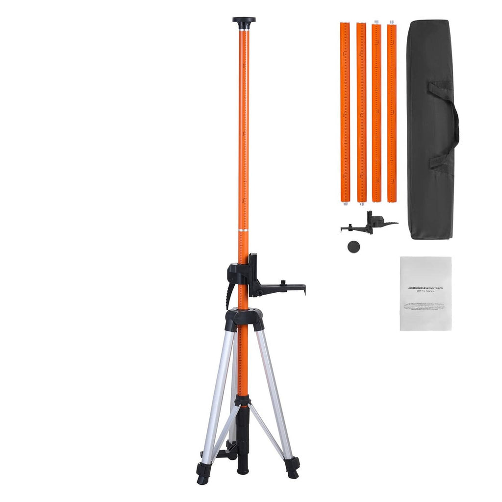 Laser level tripod with orange column, black bracket, and silver tripod legs