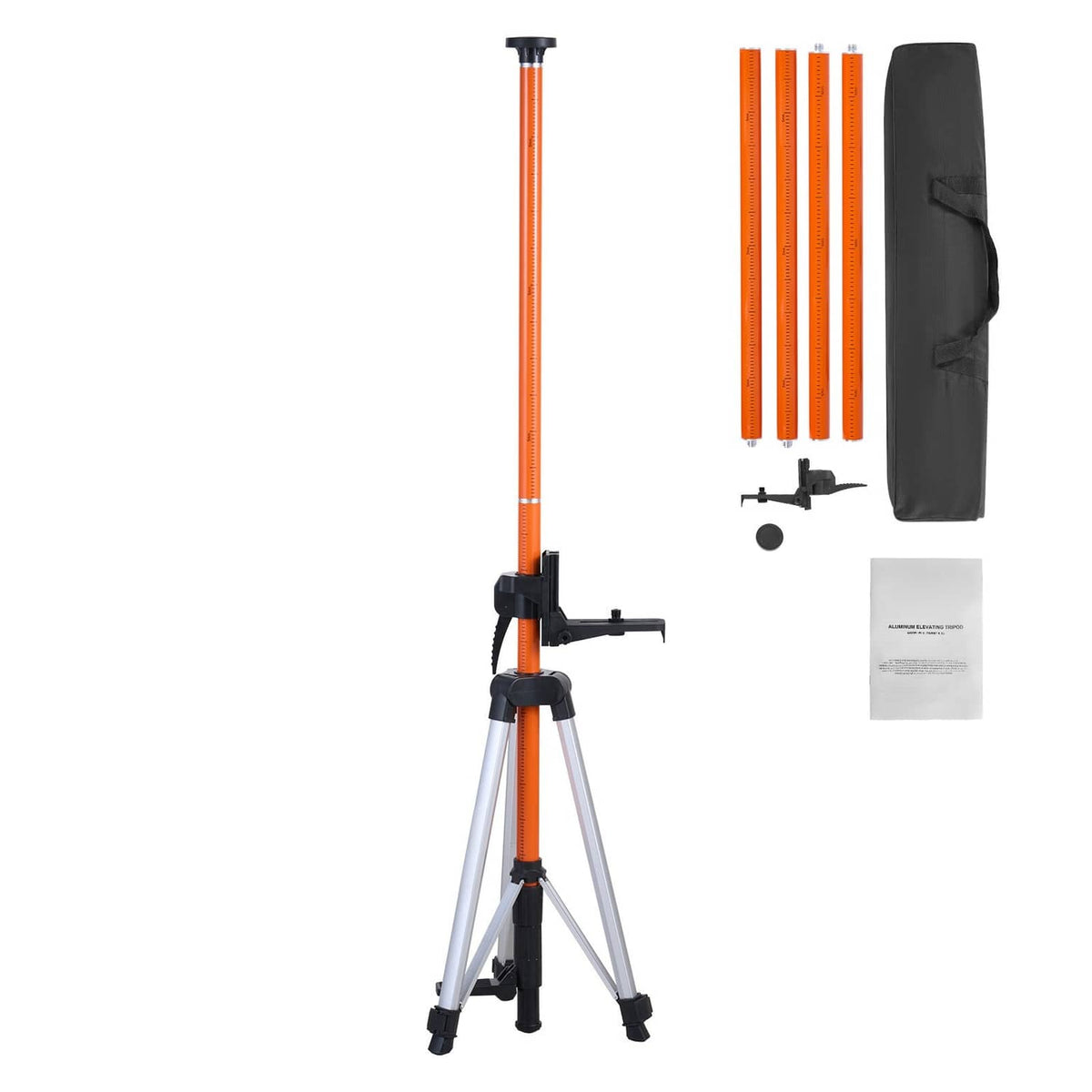 Laser level tripod with orange column, black bracket, and silver tripod legs