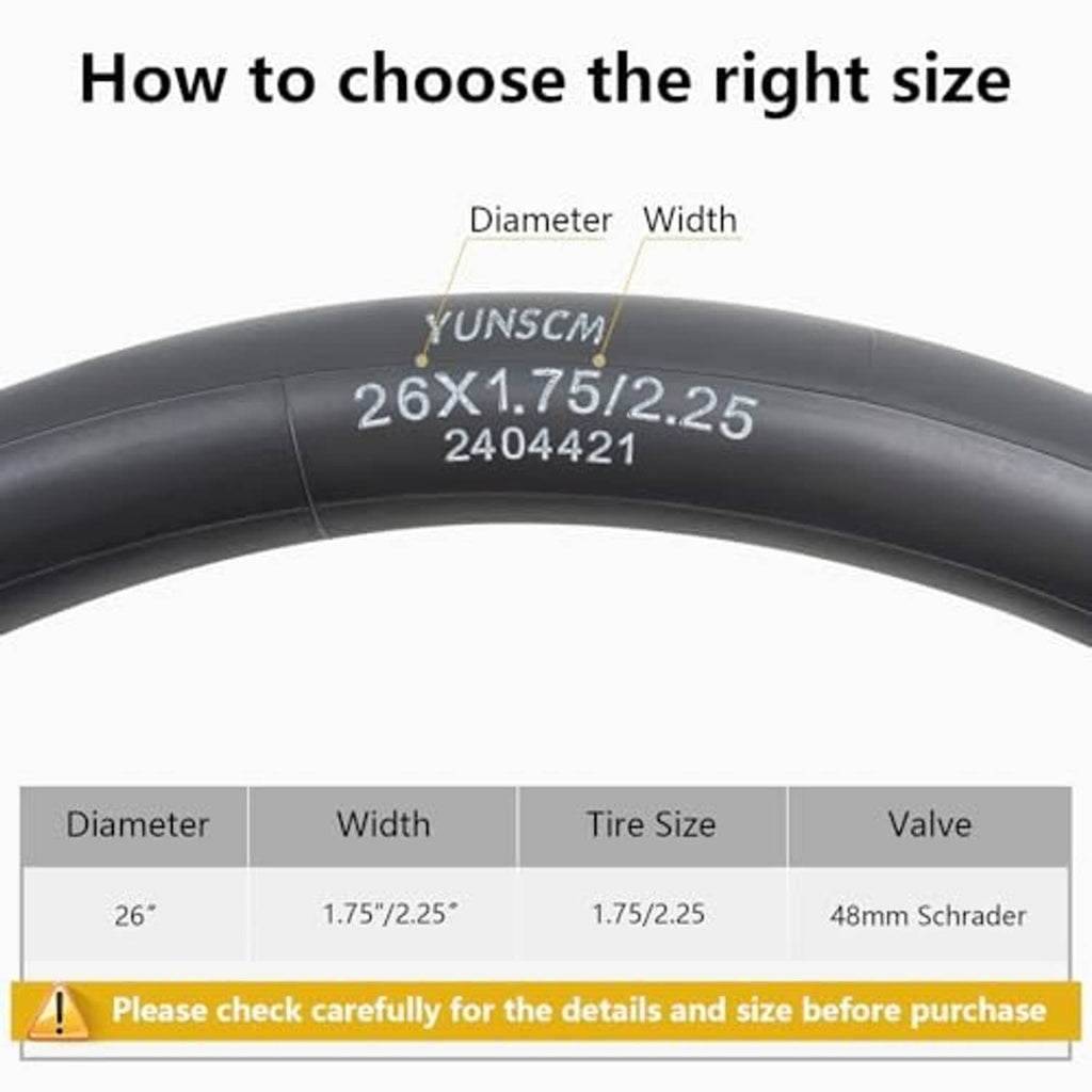 Bike inner tube size guide graphic for 26x1.75/2.25 (diameter and width)