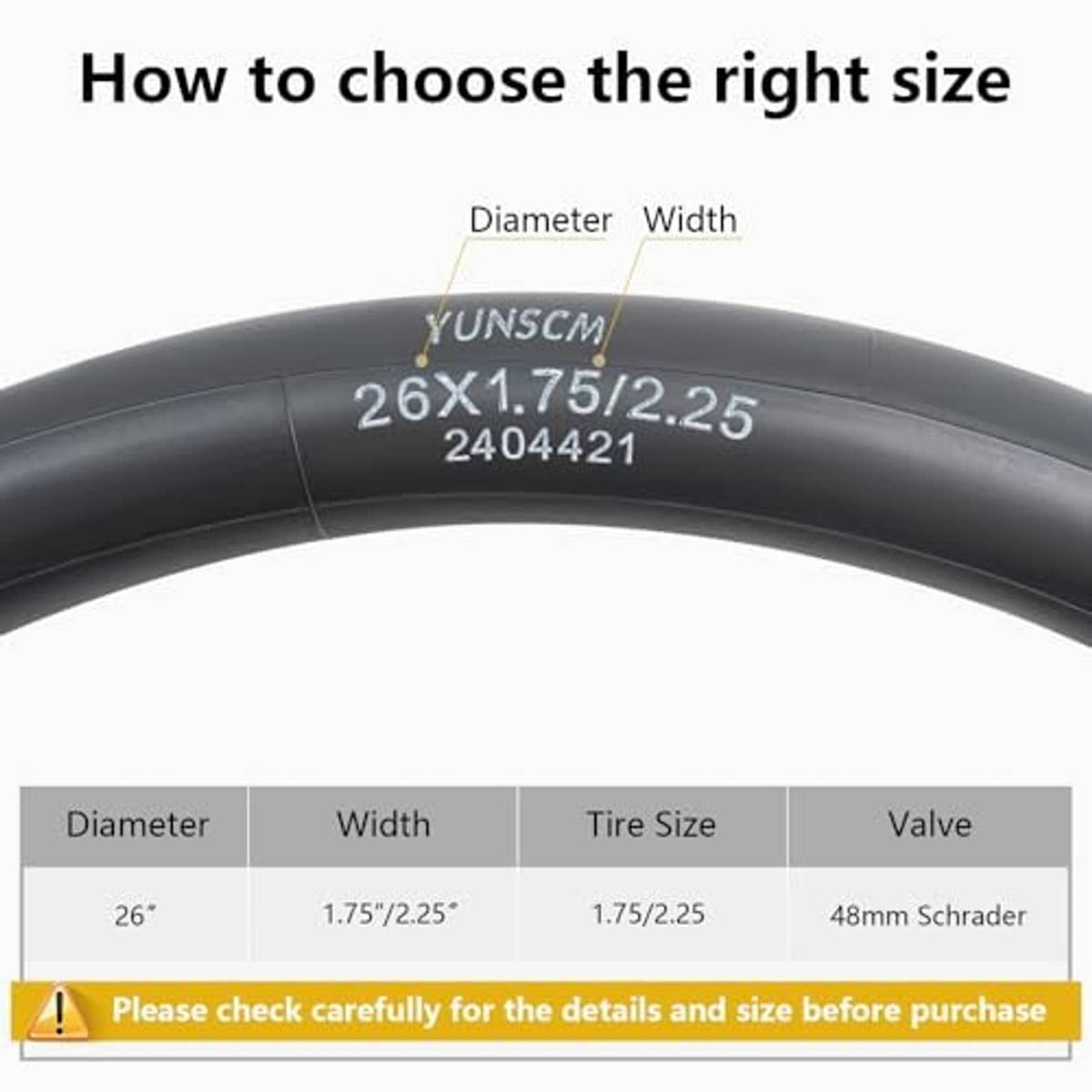 Bike inner tube size guide graphic for 26x1.75/2.25 (diameter and width)