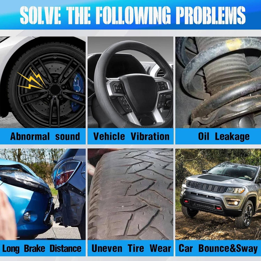 Infographic showing shock issues like abnormal sound, vehicle vibration, and oil leakage