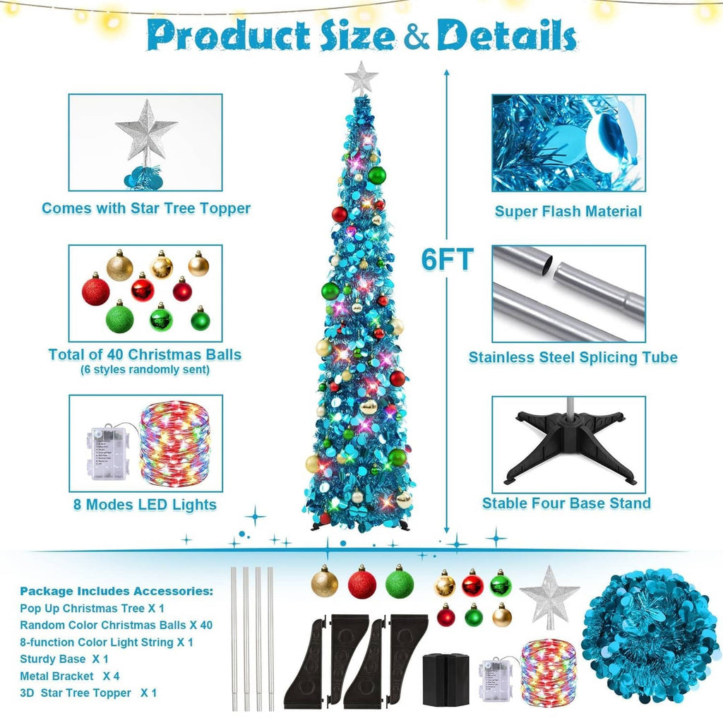 6ft blue LED pop-up Christmas tree with star topper and multicolor ornament set