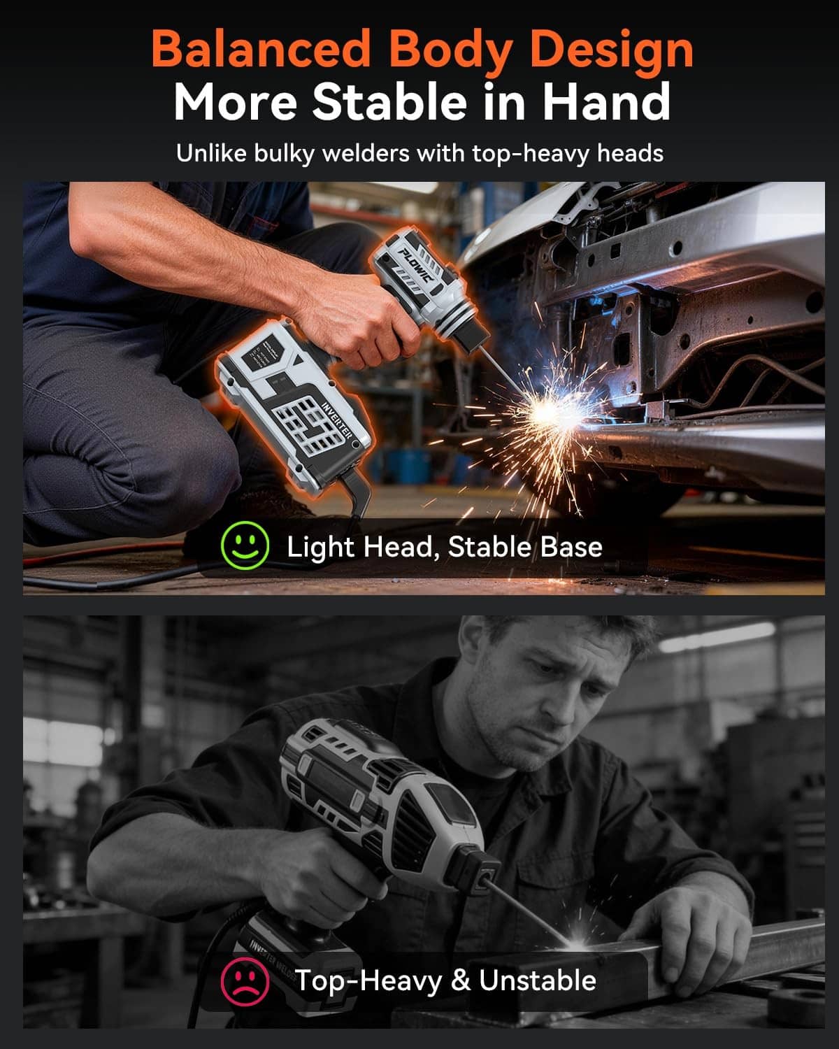 Gray compact handheld welding machine producing sparks at the metal workpiece