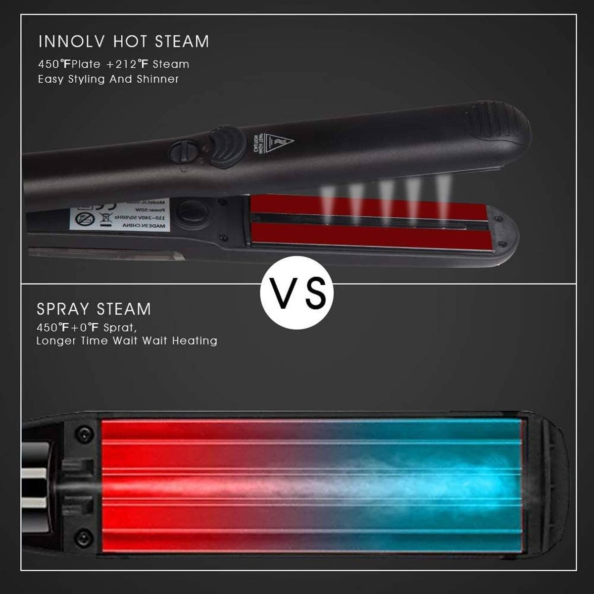 Steam hair straightener with heated plate window showing dual heating bars