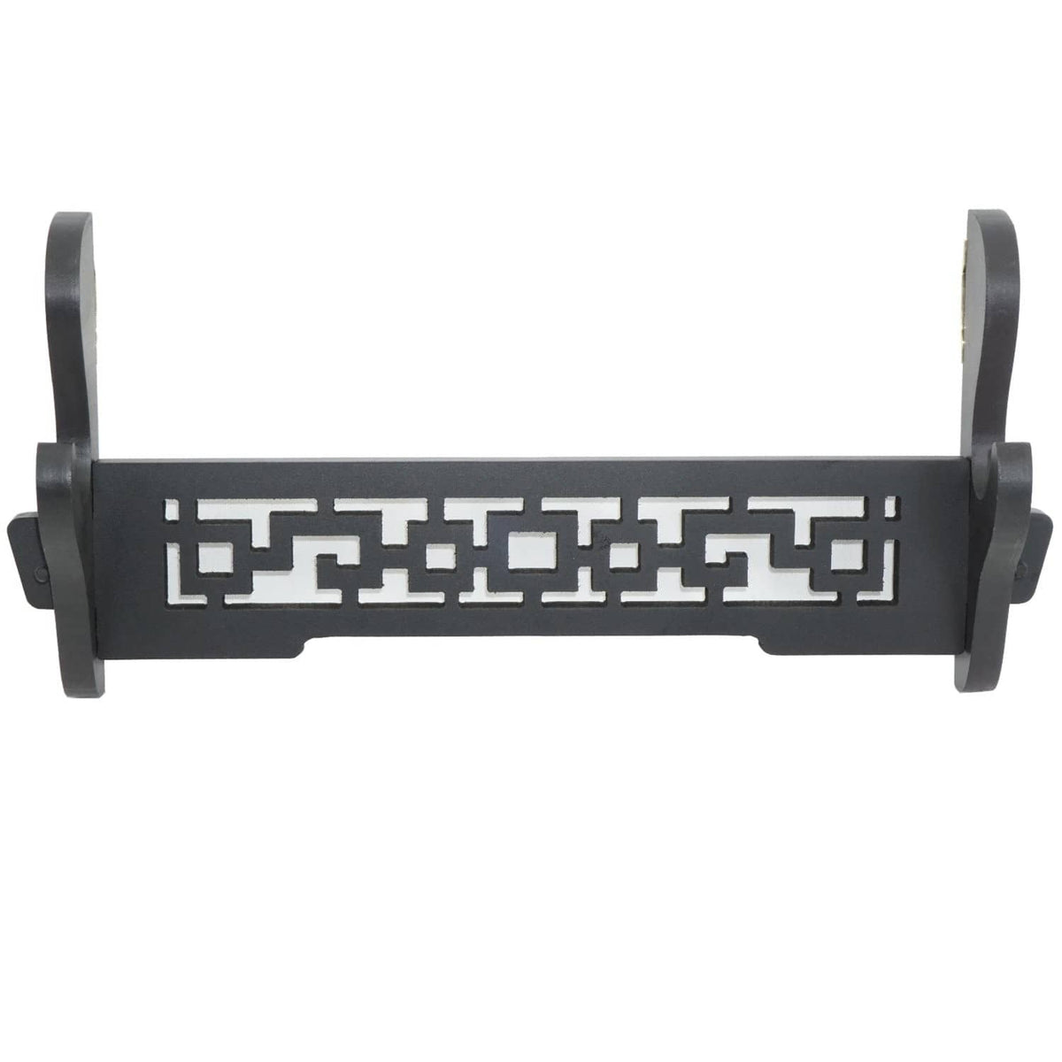 Black wall-mount sword holder with square cutout panel and two side support arms.