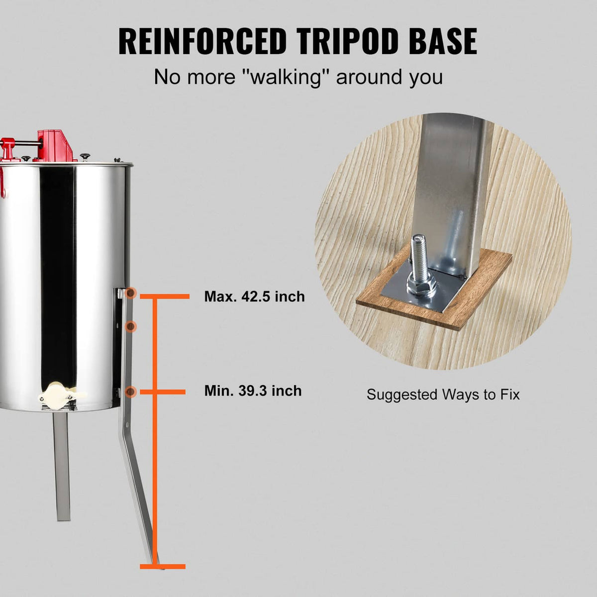 Reinforced tripod base for honey extractor with marked height ranges