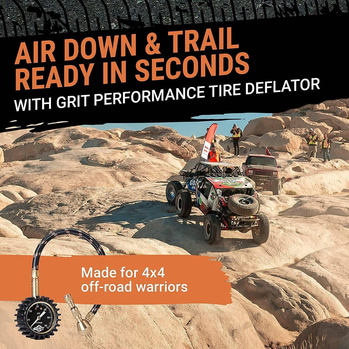 Tire deflator gauge and hose for off-road tires, shown with carrying kit