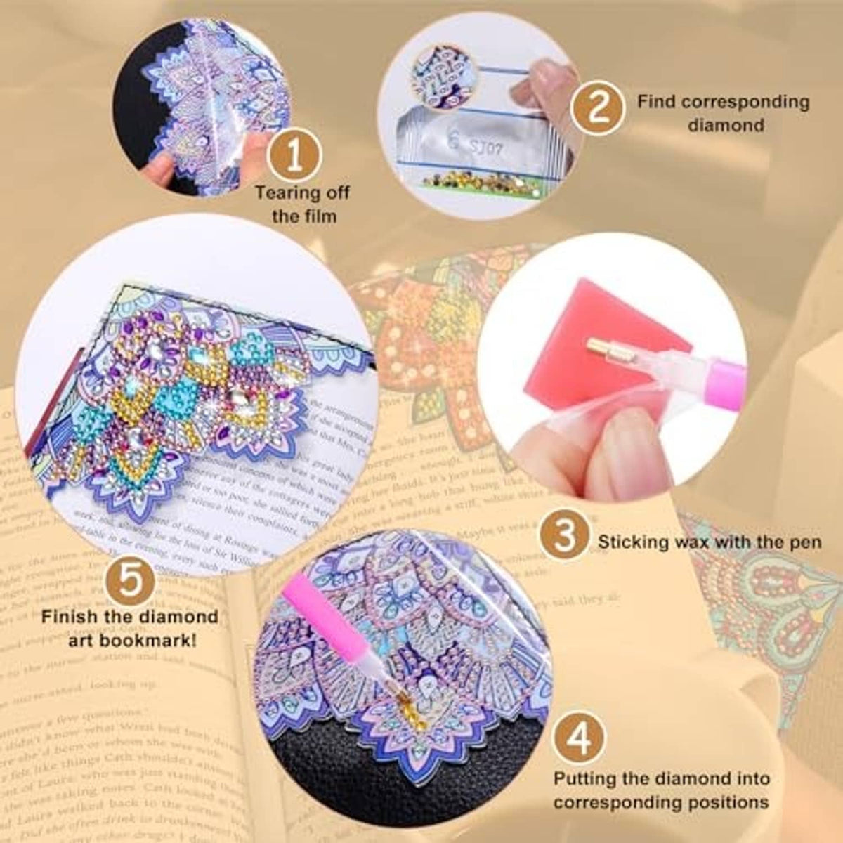 Diamond art bookmark kit with colorful bookmarks and included tool for placing diamonds