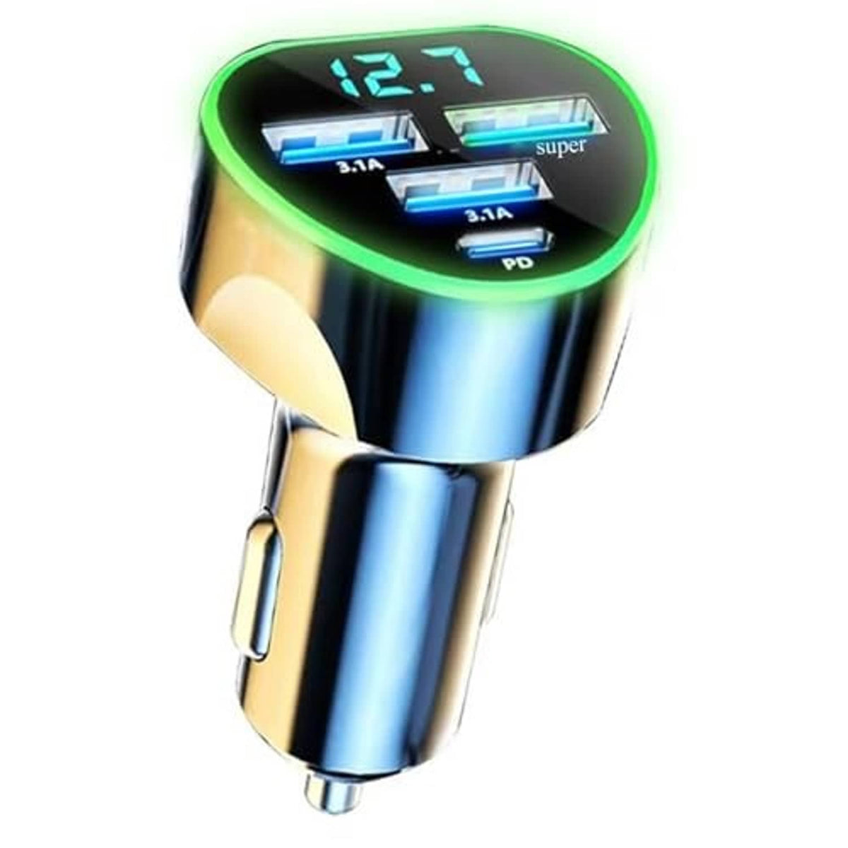 Car USB C charger showing 12.7V on green LED ring with four ports