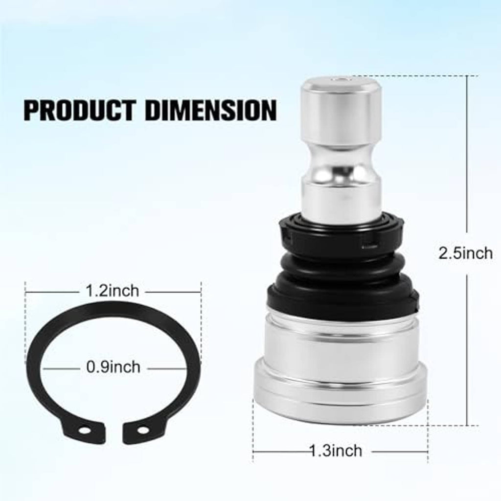 Ball joint dimension diagram with silver housing, black boot, and black retaining clip