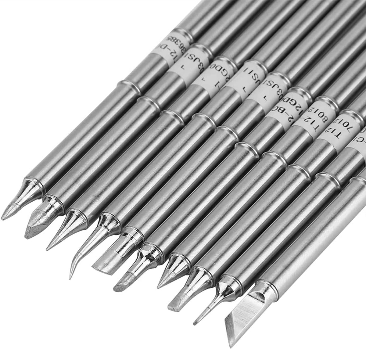 Close-up of multiple soldering iron tips with pointed ends and white ring grips
