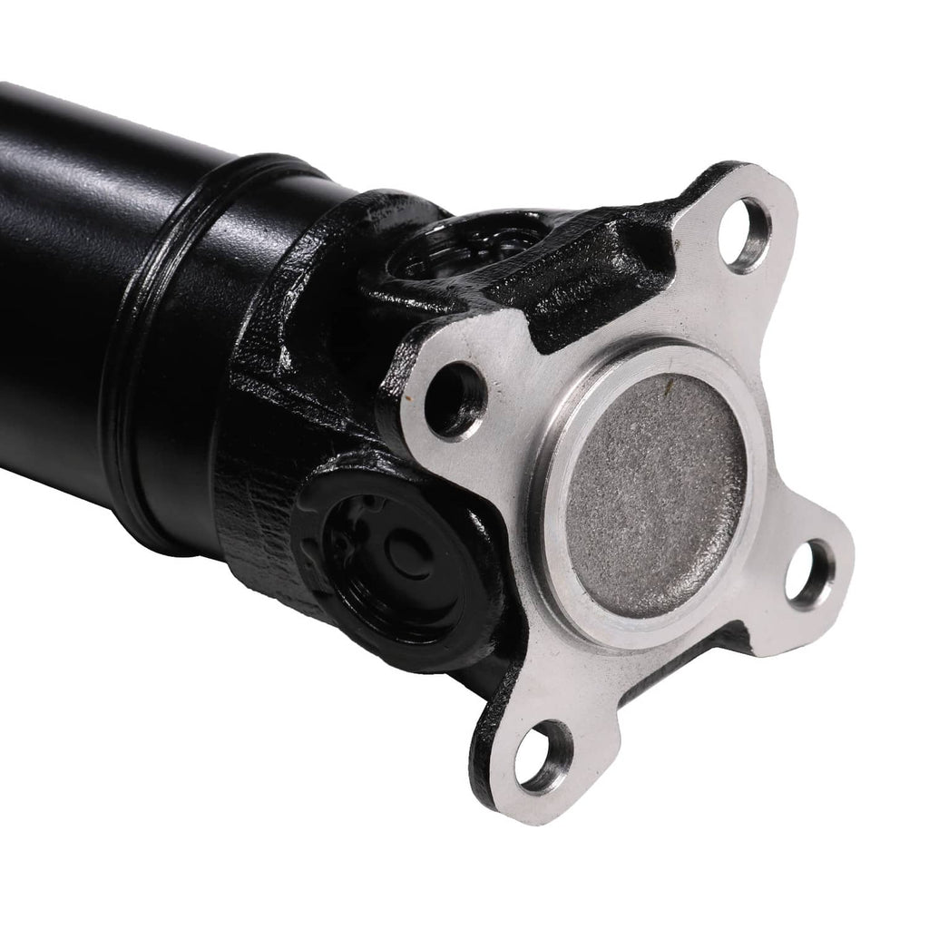 Rear drive propeller shaft with black shaft and silver mounting bracket