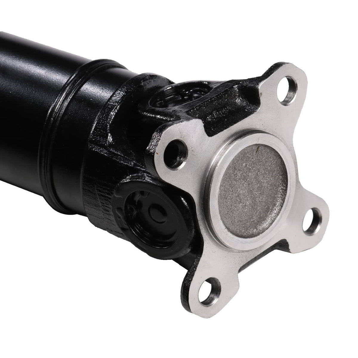 Rear drive propeller shaft with black shaft and silver mounting bracket