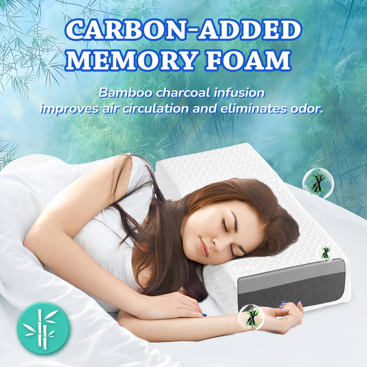 Cooling memory foam pillow with carbon-added design, white top and gray base