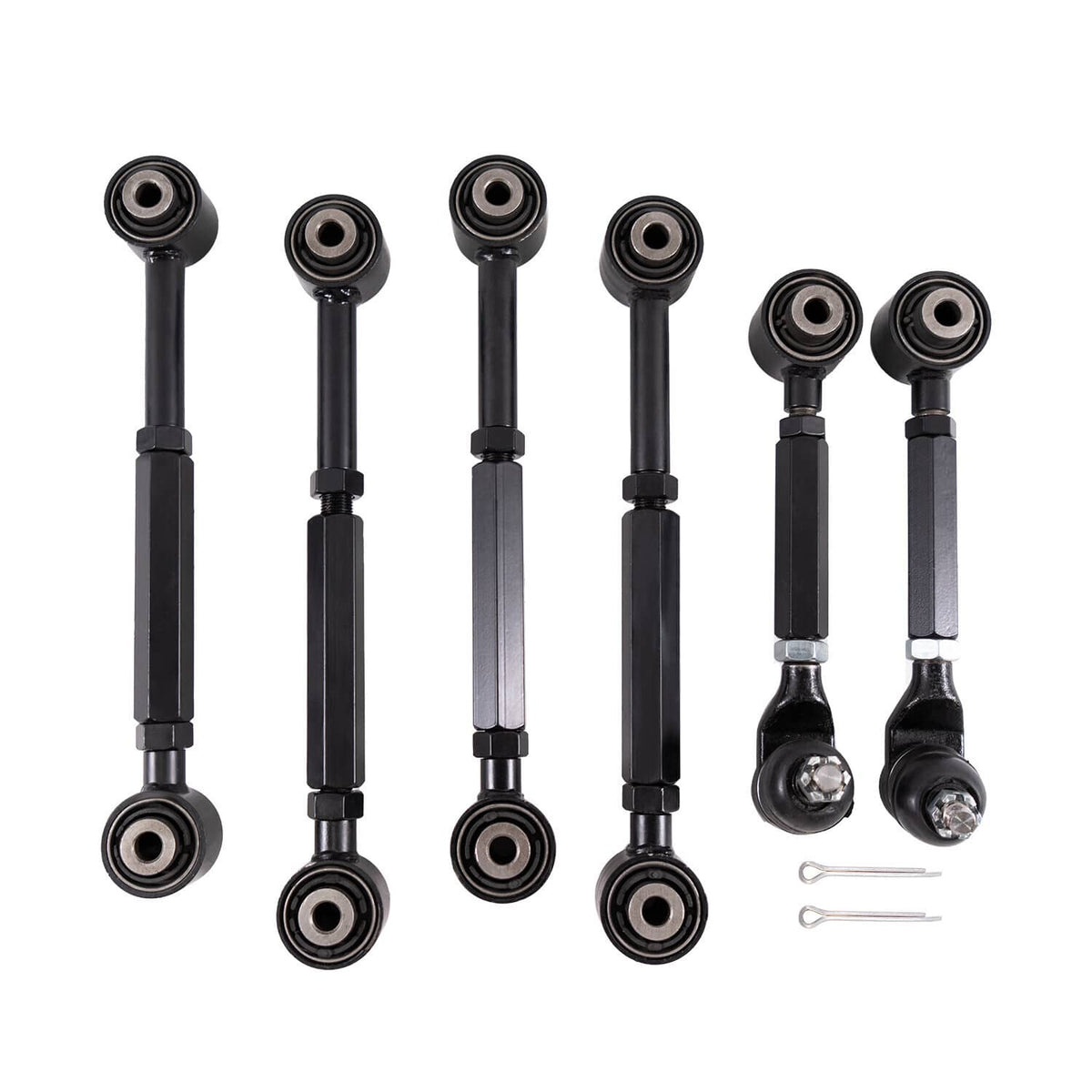 Six black suspension camber arms with round bushings and ball-joint style ends