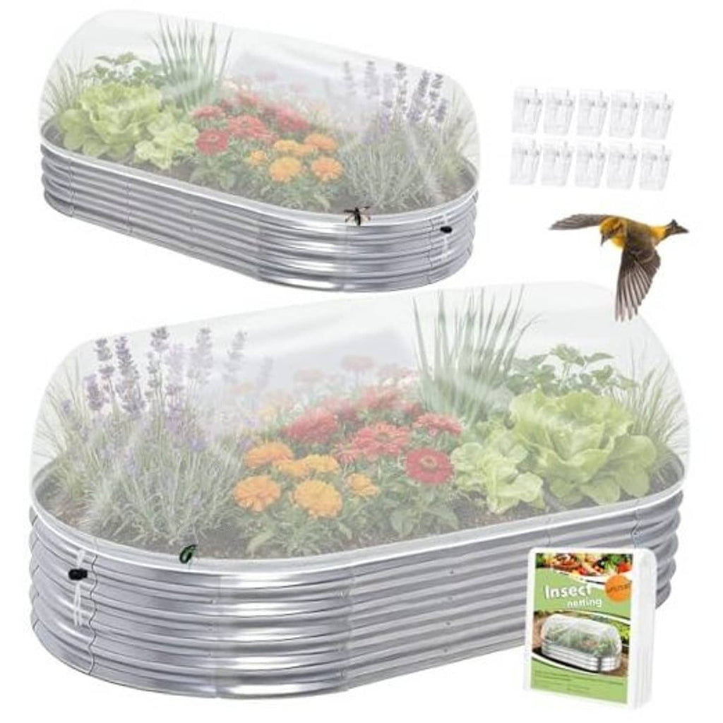 White ultra-fine mesh garden netting cover with silver ring frame for raised bed