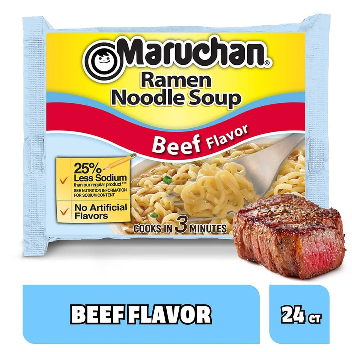 Maruchan ramen noodle soup beef flavor, 25% less sodium, 24 ct