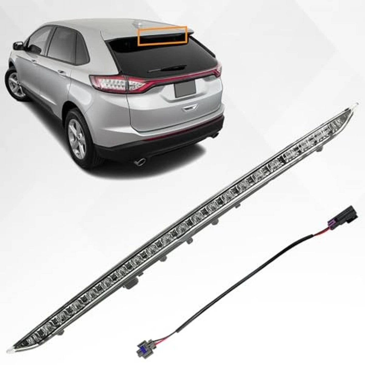 LED third brake light bar with red illuminated strip and connector wiring harness.
