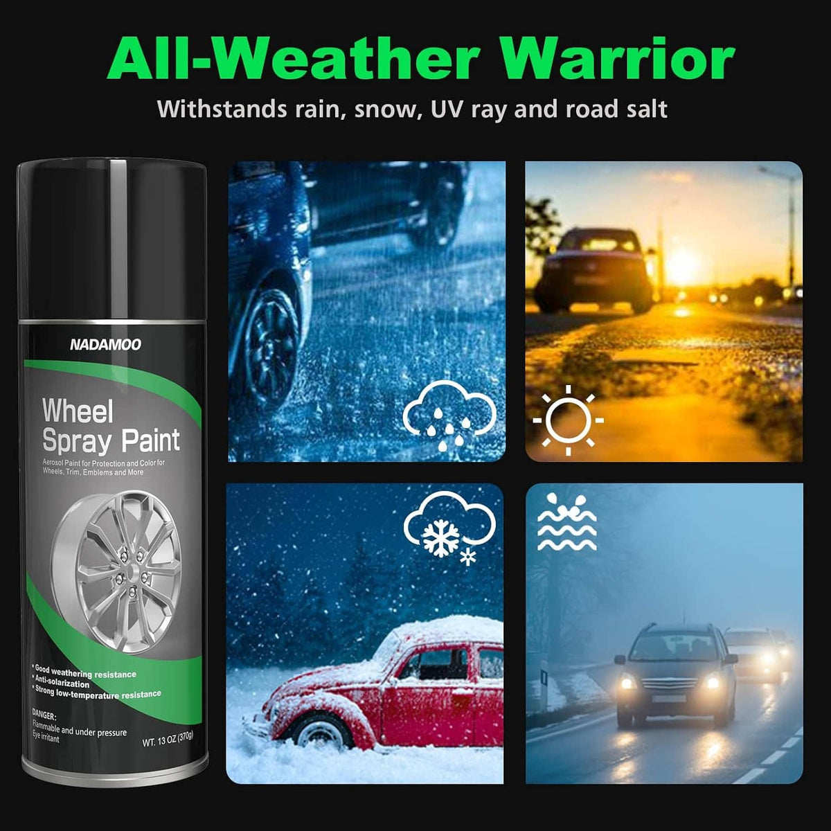 Wheel spray paint aerosol can with all-weather protection graphics