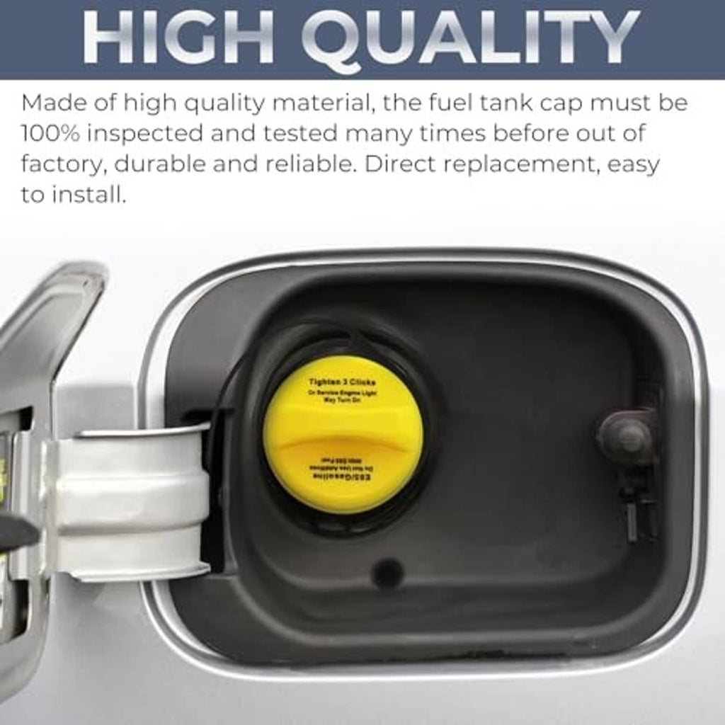 Fuel tank opening with installed yellow E85 fuel cap and black tether