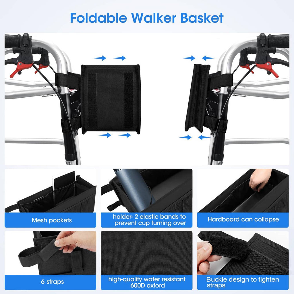 Black foldable walker basket with elastic straps and front mesh storage pockets