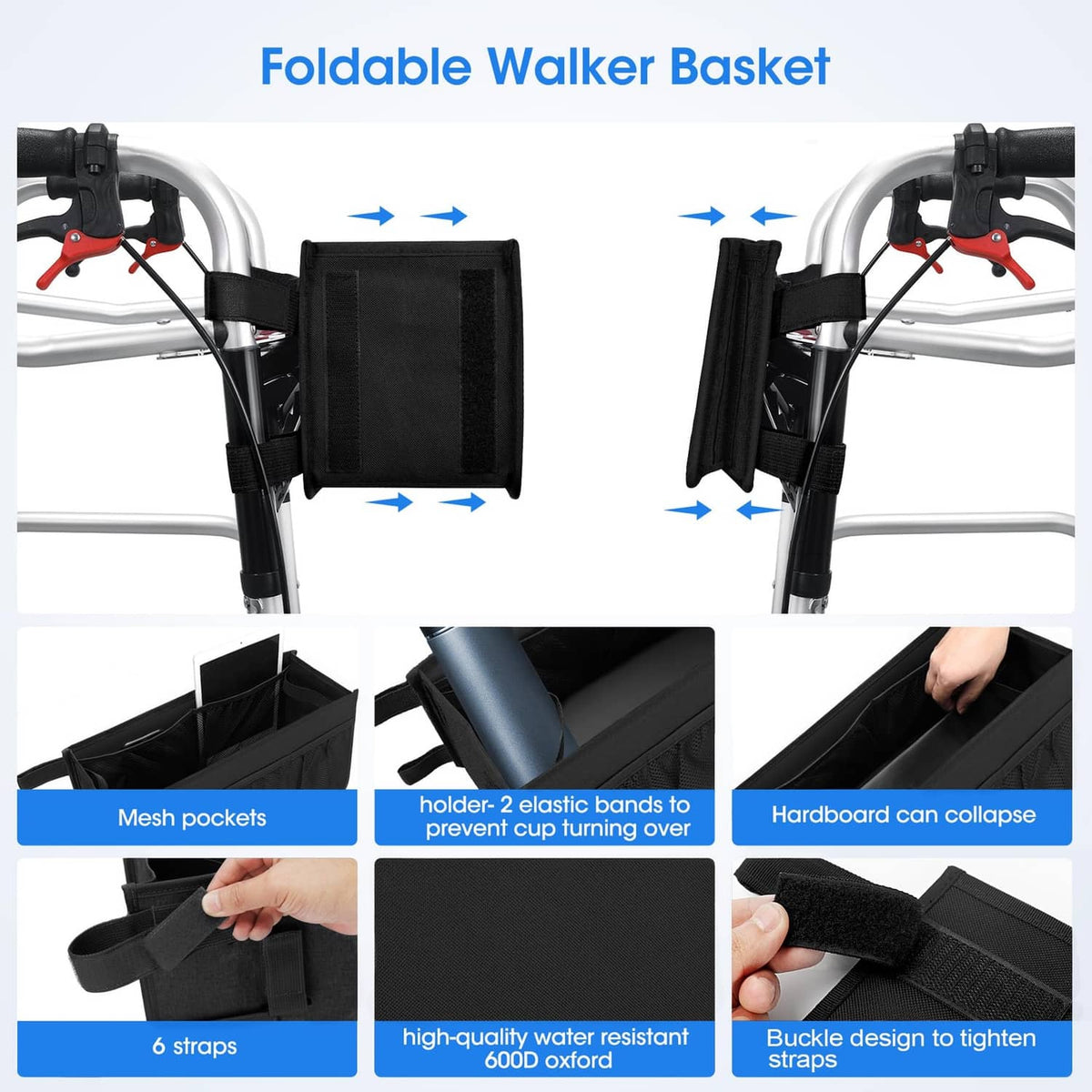 Black foldable walker basket with elastic straps and front mesh storage pockets