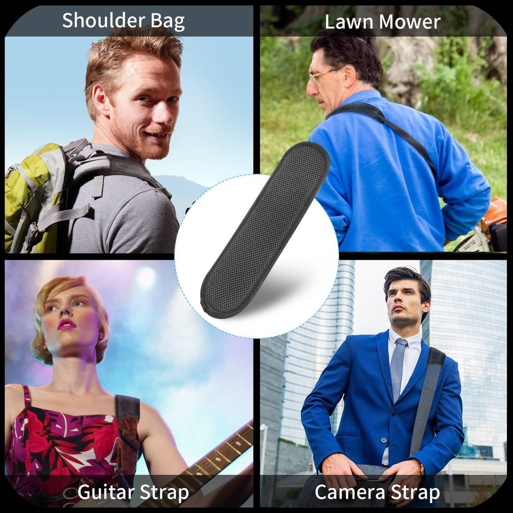Black mesh shoulder pad on a shoulder strap, shown across travel and camera use