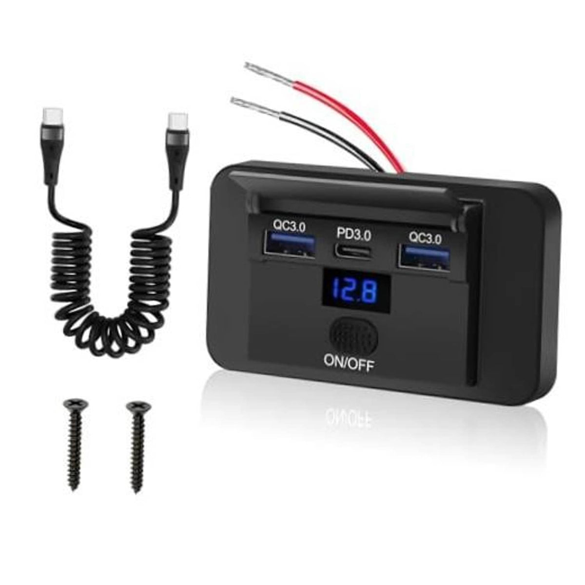 Black 3-port 12V USB outlet panel with digital voltmeter display and ON/OFF button