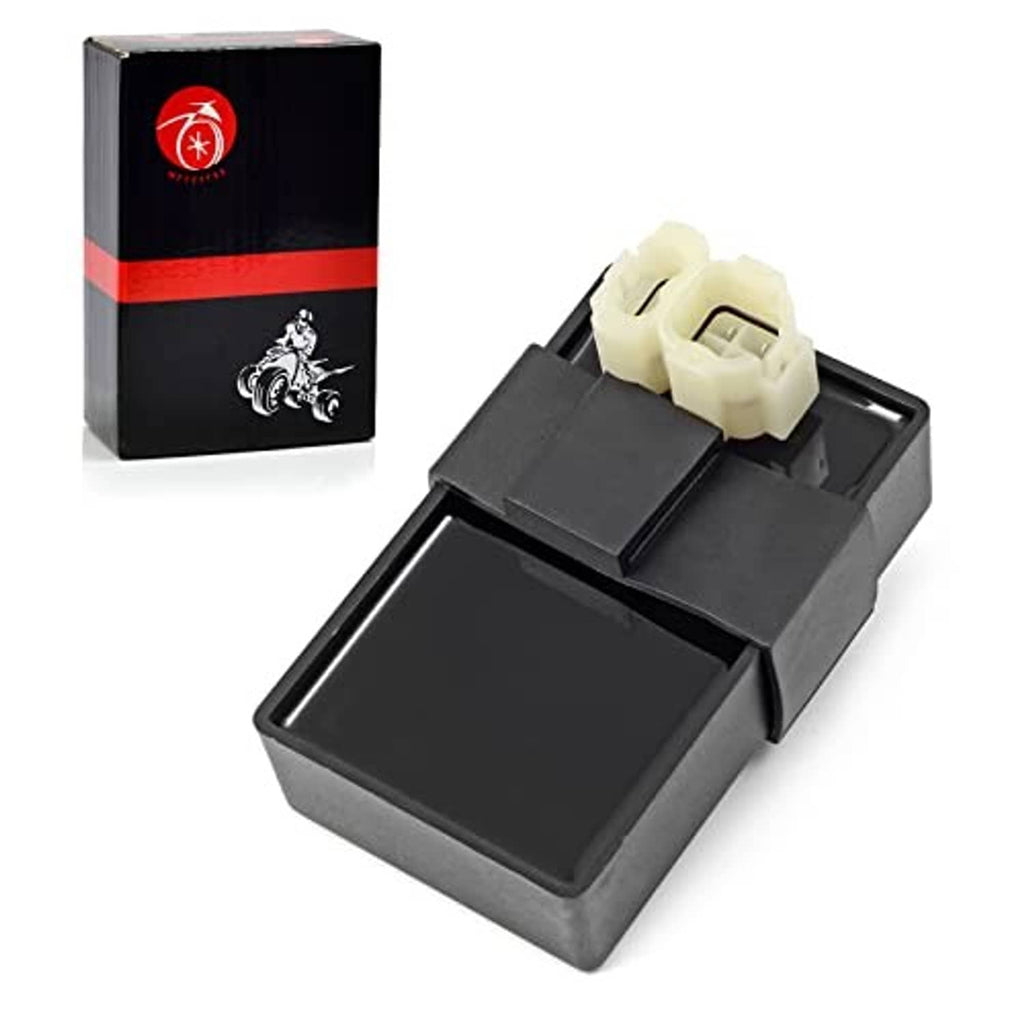 CDI ignition control module, black rectangular case with red logo and white plug
