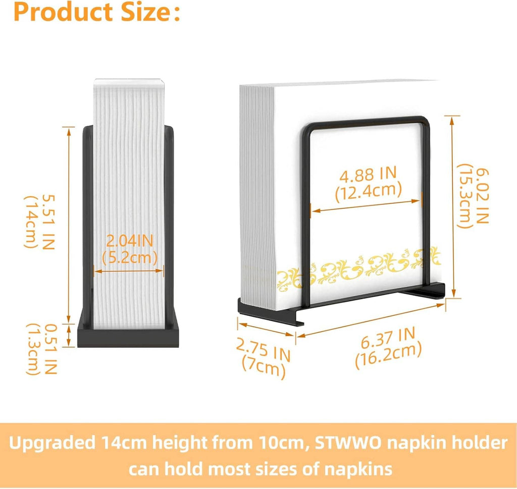 Napkin holder product size diagram with ribbed white panel and black metal frame