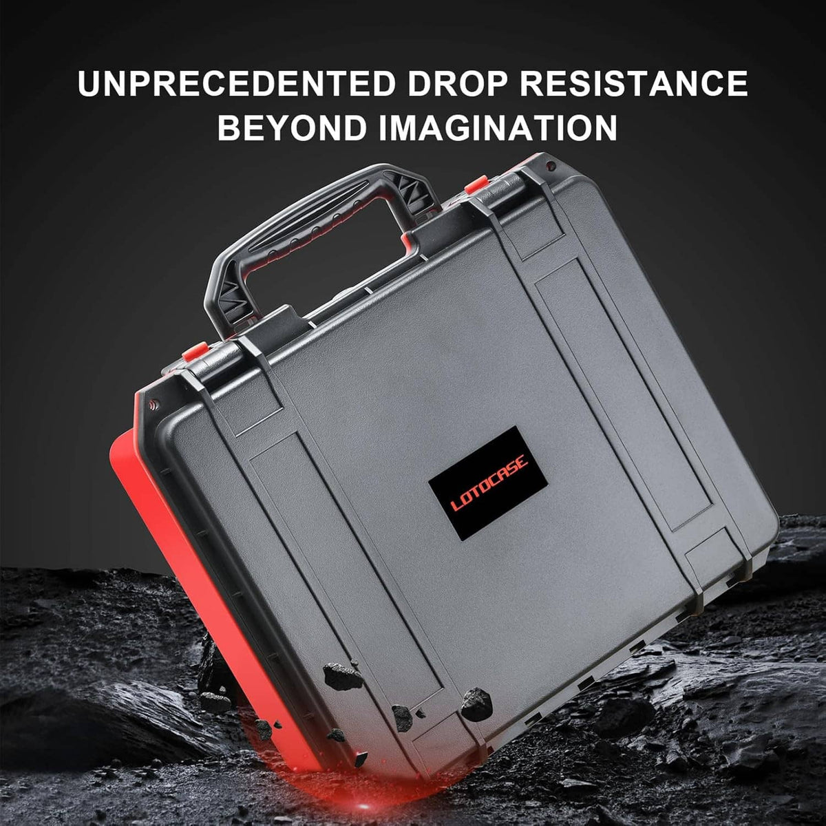 Drop-resistant gray hard case with red frame, closed and secured
