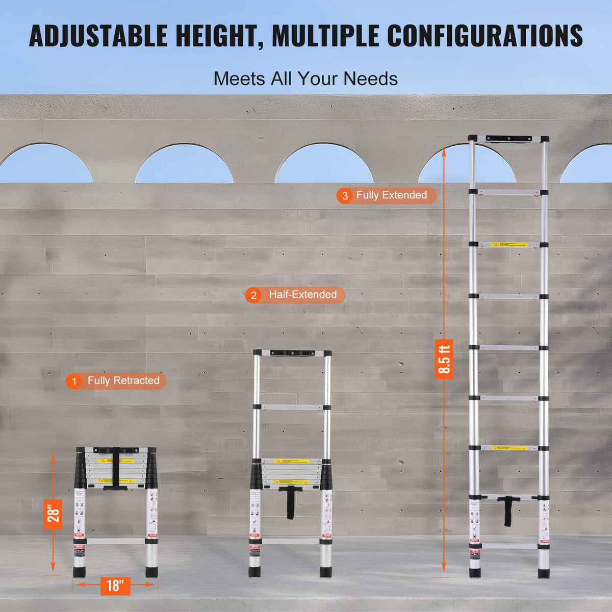 Telescoping ladder showing retracted, half-extended, and fully extended positions
