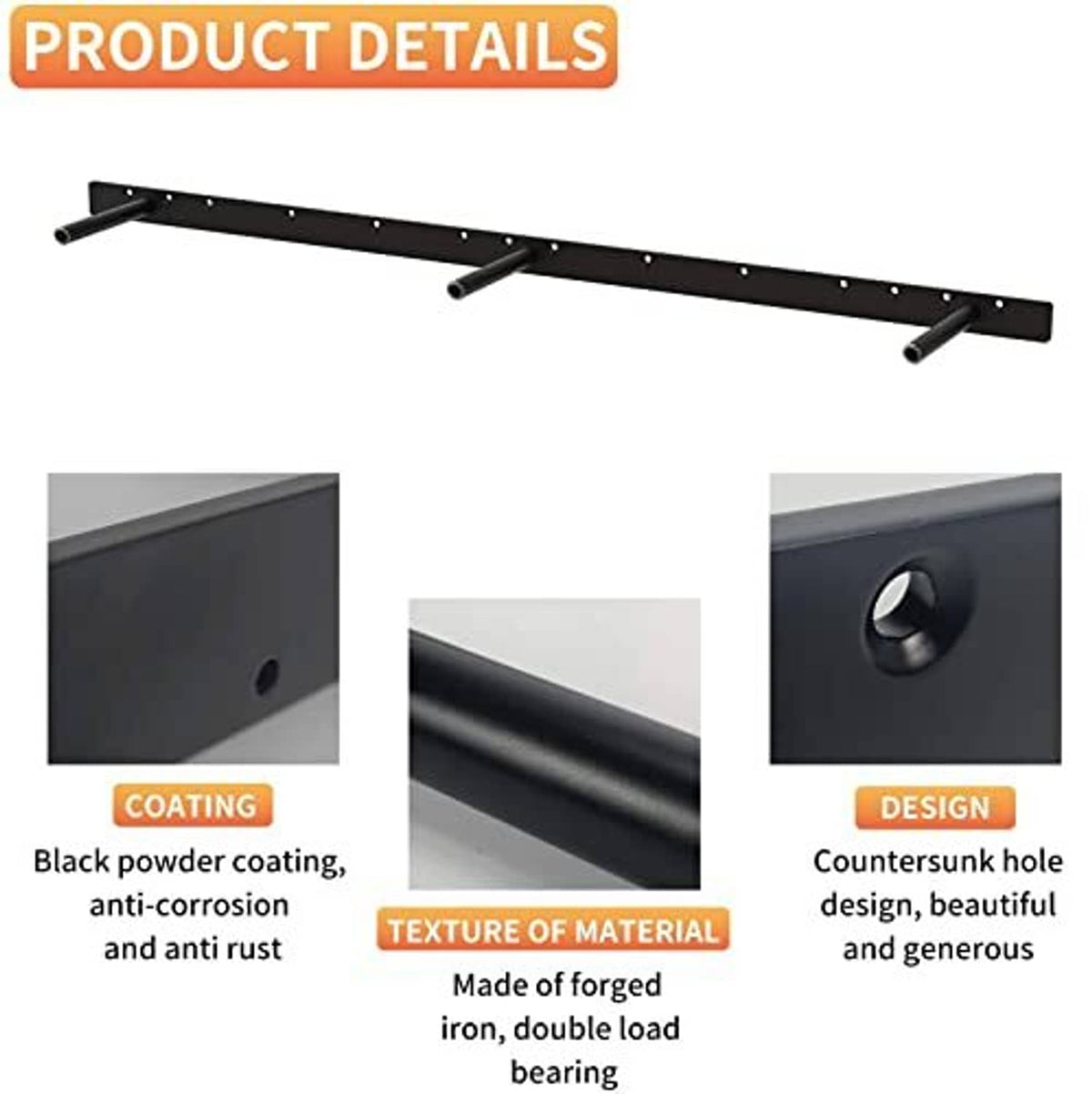 Black steel shelf bracket with countersunk holes and textured finish, forged iron